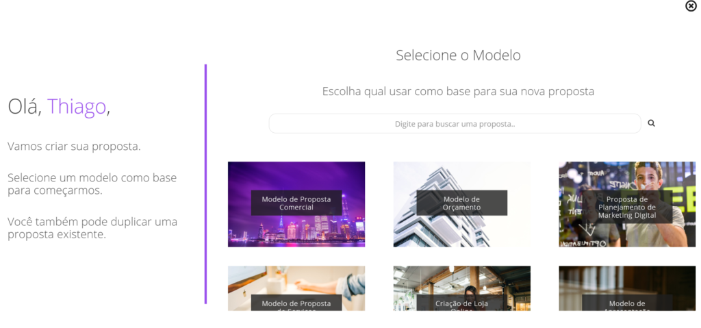 selecione o modelo para criar propostas comerciais no Agendor