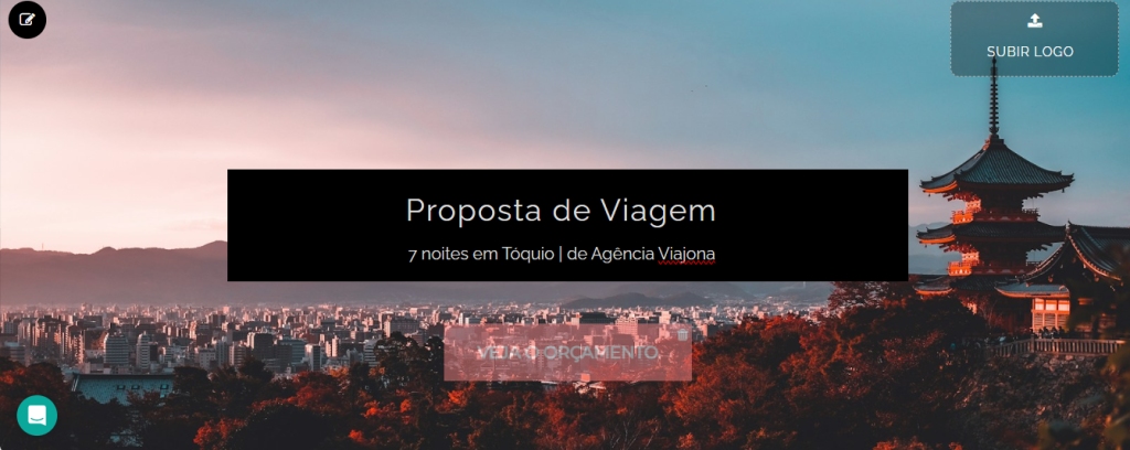 como criar proposta comercial: capa da proposta de viagem para o japão com uma imagem de tóquio no fundo