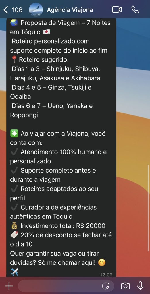 como criar proposta comercial: exemplo de proposta para viagem para o japão enviado por mensagem no whatsapp