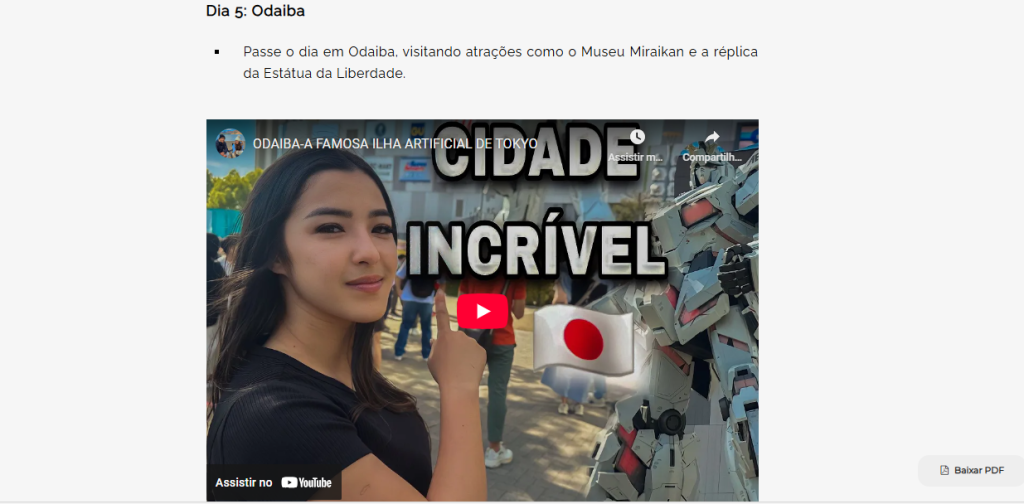 bloco com vídeo que ilustra o passeio para Odaiba 